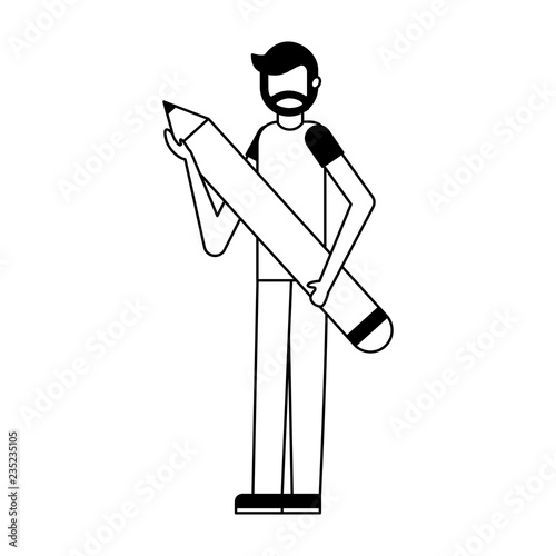 bearded man holding pencil supply