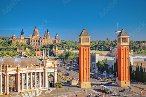 Barcolona, Spain, Picturesque view on the tourist city - Square of Spain, iconic landmark by Montjuic, popular travel destination. Postcard from Barcelona, Europe.