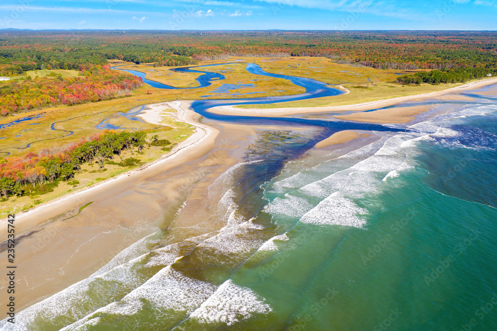 Aerial view of Little River estuary in Wells Estuarine Reserve, Maine