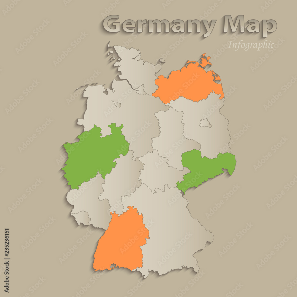Germany map with individual states separated, infographics with icons vector
