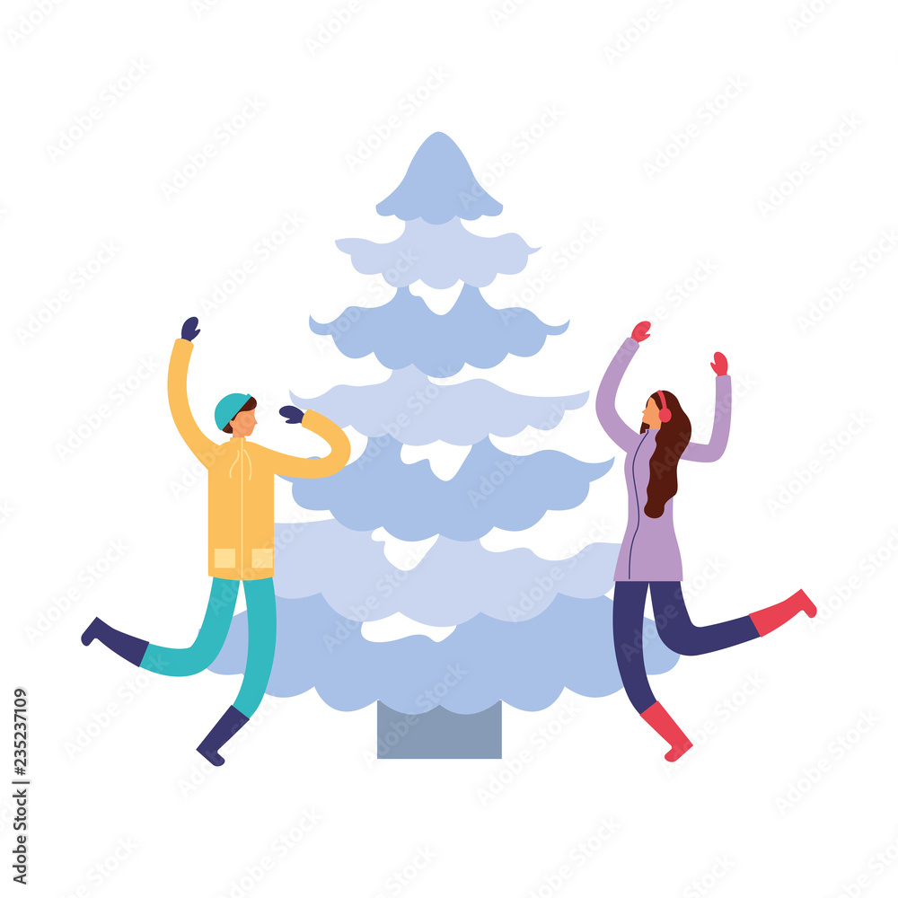Fototapeta premium happy couple with pine tree winter season