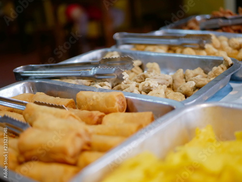 Selective focus of deep fried stuff / food in a local buffet restaurant in Thailand