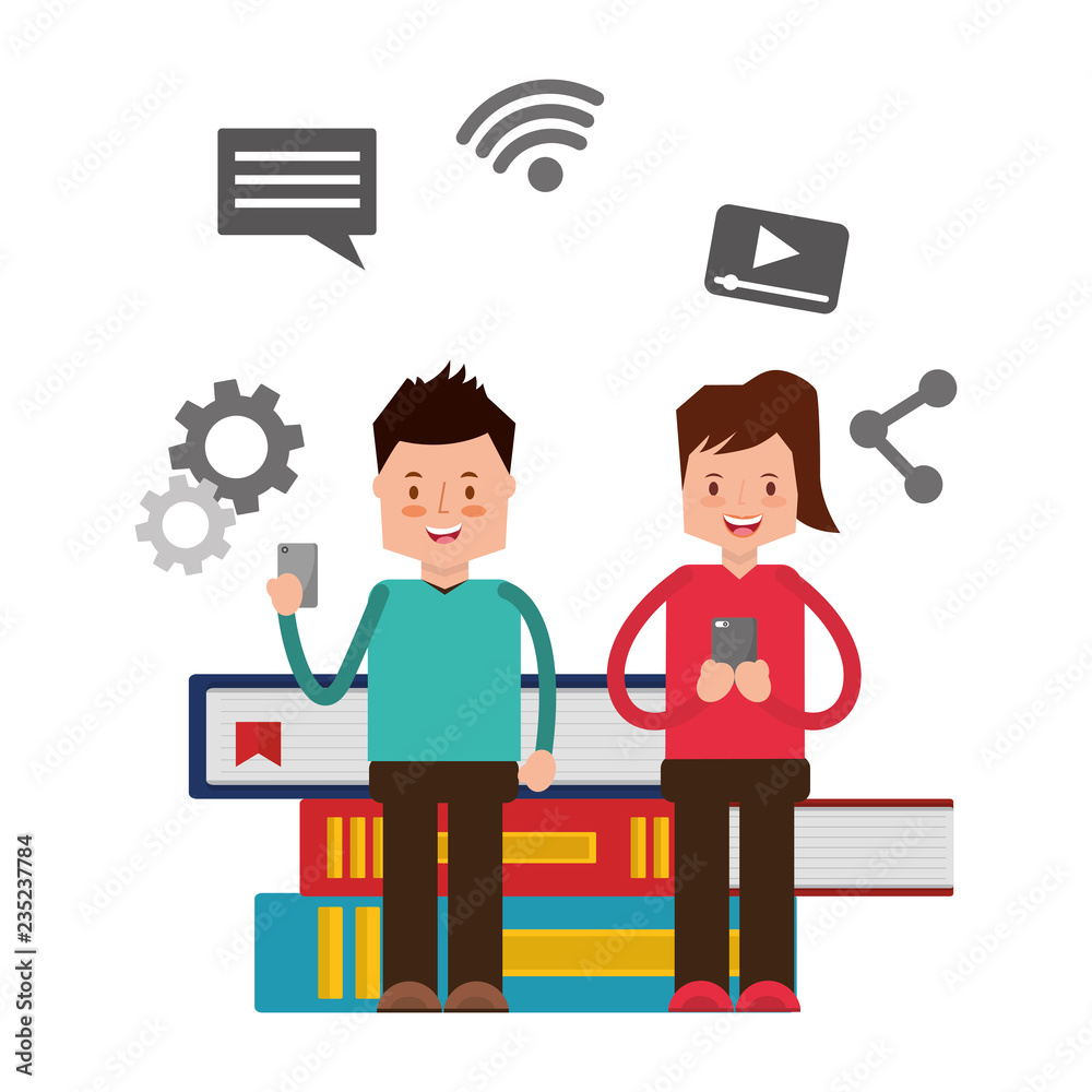 couple with mobile and books social media couple with mobile and books social media