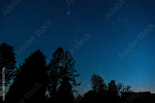 Starry sky with provincial village silhouette