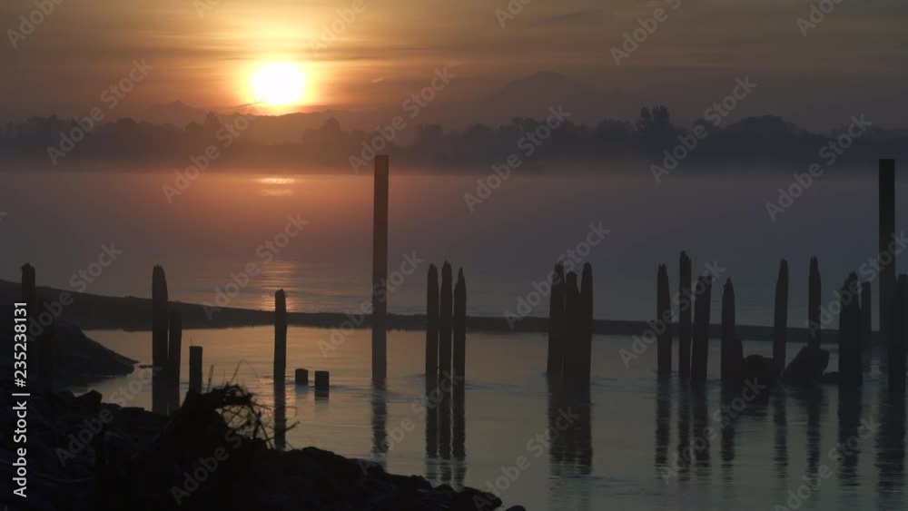 Morning Mist on the Fraser River 4K UHD. Sunrise beside Mount Baker and the Fraser River. British Columbia, Canada. 4K UHD. Morning Mist on the Fraser River 4K UHD. Sunrise beside Mount Baker and the Fraser River. British Columbia, Canada. 4K UHD.