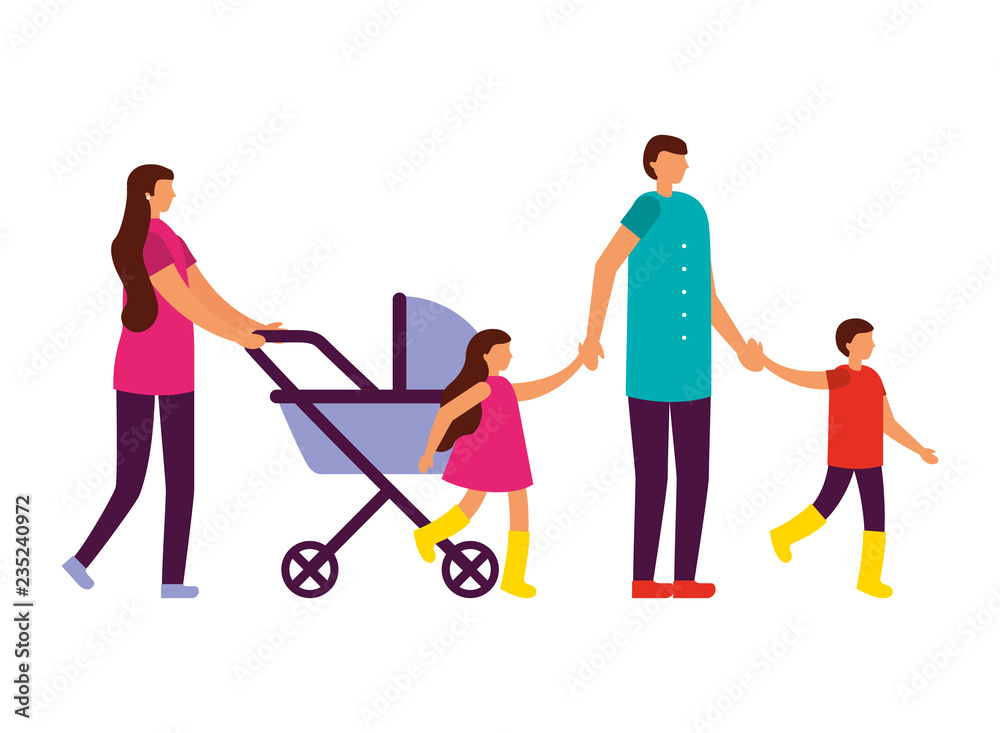 parents with son daugther and baby pram parents with son daugther and baby pram