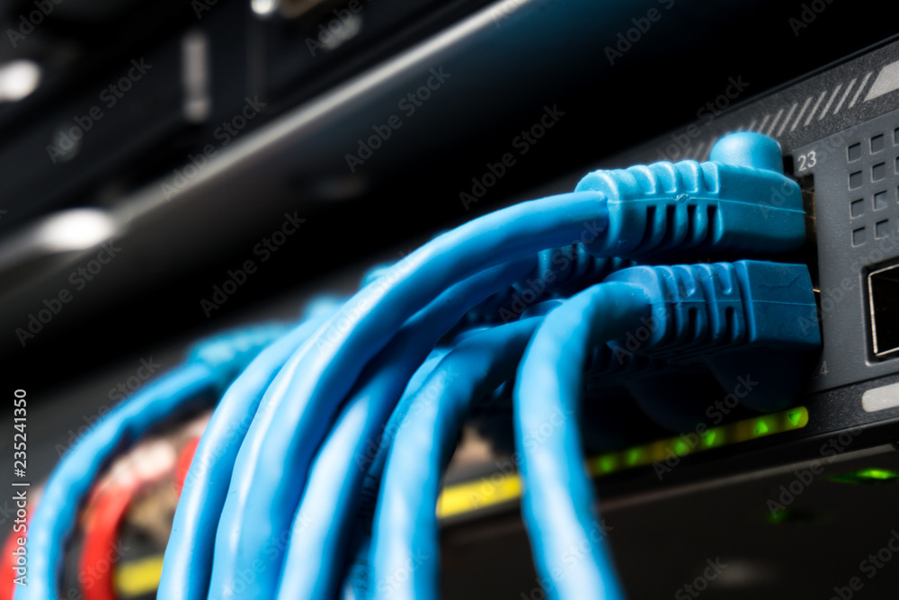 Telecommunication Ethernet Cables Connected to Internet Switch Telecommunication Ethernet Cables Connected to Internet Switch