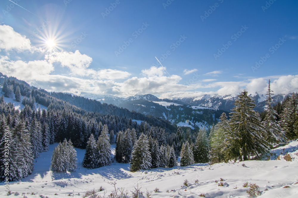 Sunny winter day with lot of snow in mountains of south germany