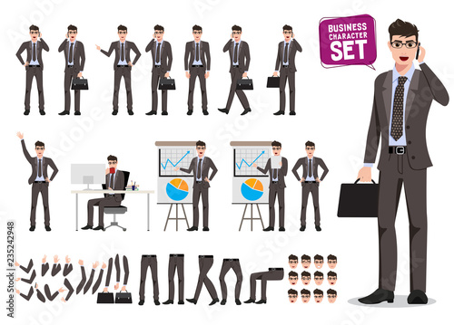 Business man presentation vector character set. Cartoon character creation of male business person talking for presentation with different poses. Vector illustration.
