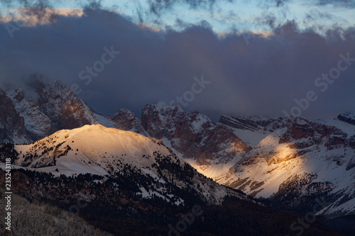 snowy early winter landscape in Alpe di Siusi.  Dolomites   Italy - winter holidays destination