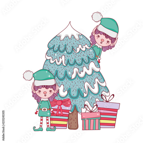 cute santa helpers with pine tree
