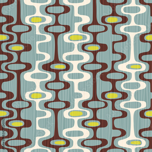 Seamless abstract mid century modern pattern for backgrounds, fabric design, wrapping paper, scrapbooks and covers. Retro design of organic oval shapes and stripes. Vector illustration.