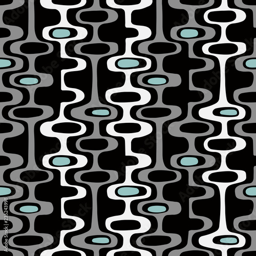 Seamless abstract mid century modern pattern for backgrounds, fabric design, wrapping paper, scrapbooks and covers. Retro design of organic oval shapes and stripes. Vector illustration.