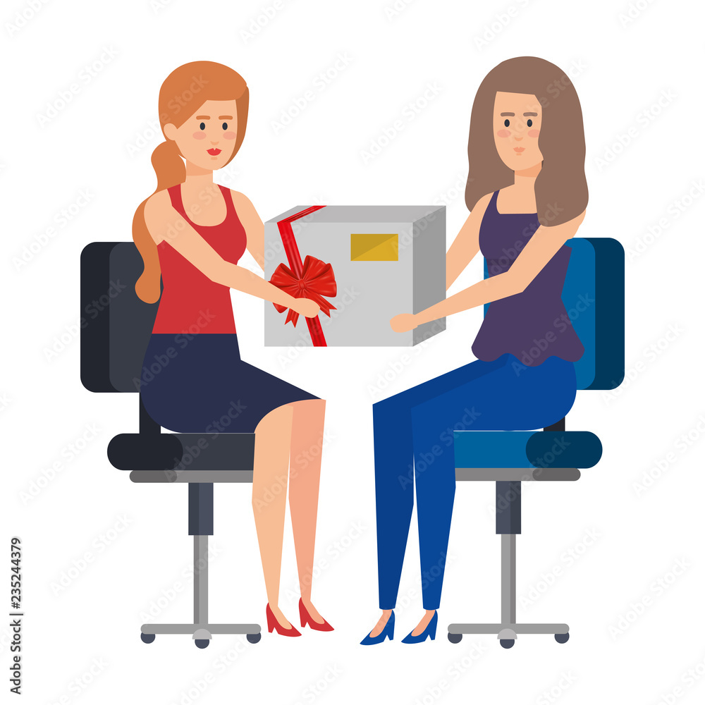 businesswomen sitting in office chair giving gift