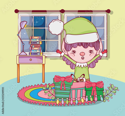 cute santa helper with gifts in the house