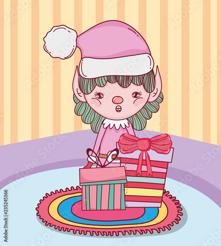 cute santa helper with gifts in the house