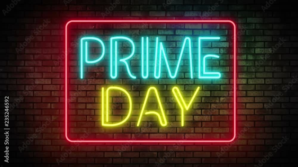 Prime day sale Neon Light on Brick Wall. Night Club Bar Blinking Neon Sign. Motion Animation. Video available in 4K FullHD and HD render footage Prime day sale Neon Light on Brick Wall. Night Club Bar Blinking Neon Sign. Motion Animation. Video available in 4K FullHD and HD render footage