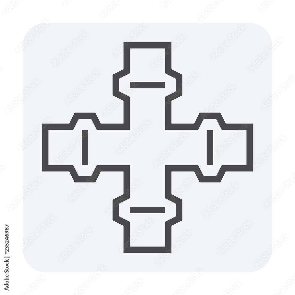 Fototapeta premium Pipe icon and flange fitting for pipeline connection with valve and other pipe. For transportation liquid or gas i.e.crude, oil, natural gas, sewage, wastewater. Also for plumbing and irrigation.