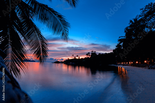 Fototapeta Naklejka Na Ścianę i Meble -  Bright colorful sunset on a tropical island, with silhouettes of palm trees, background and wallpaper, postcard, Koh Phangan island Thailand