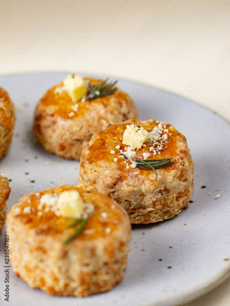 Homemade Cheese Scones with butter. Homemade Cheese Scones with butter.