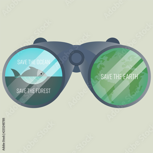 Save environment symbols apply to binocular lens represent overall image of environmental protection. Save environment concept. Vector illustration.