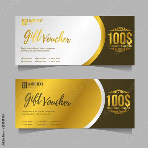 special gift voucher template with gold and silver background and vintage accessories for label or coupon. vector illustration. sale promotion template. photo