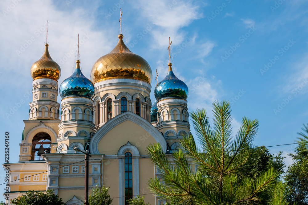 Russia, Vladivostok, July 2018: Cathedral of Intercession of  Holy Virgin