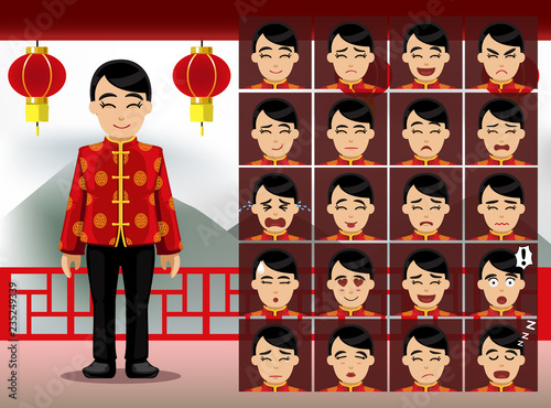 Chinese Woman Cartoon Emotion faces Vector Illustration