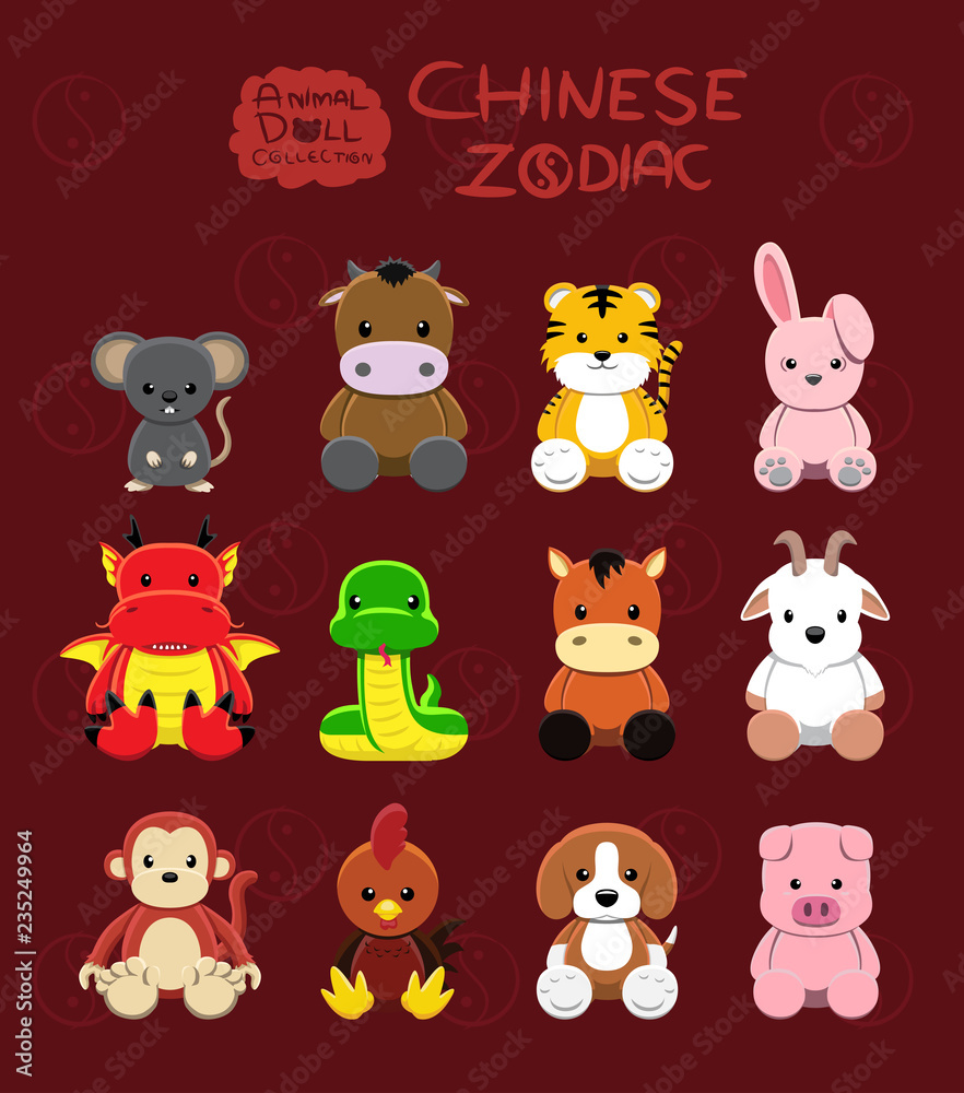 Animal Dolls Chinese Zodiac Set Cartoon Vector Illustration