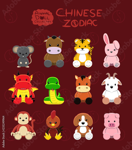 Fototapeta Naklejka Na Ścianę i Meble -  Animal Dolls Chinese Zodiac Set Cartoon Vector Illustration