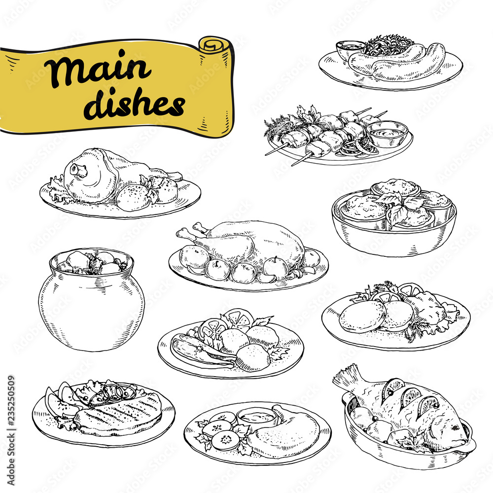 vector illustration set of main courses for design of restaurants and