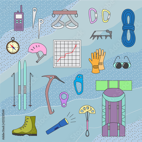 Set colorful icons of mountaineering equipments. Collection vector icons for climbing, trekking, hiking, tourism, expedition, extreme, camping, outdoor recreation and vacation in mountains.