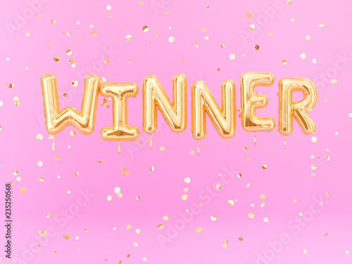 Winner sign letters with golden confetti. Banner word winner design pink background. 3d rendering