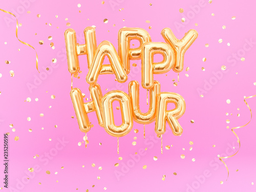 Happy Hour gold text on pink girly background, golden foil balloons typography, 3d rendering
