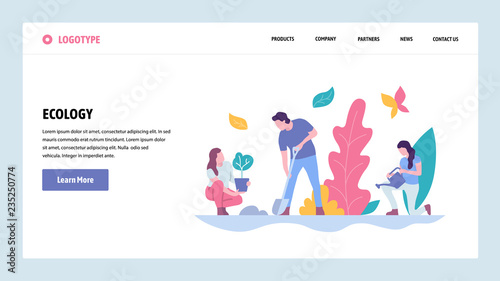 Vector web site gradient design template. People plant tree in a park. Landing page ecology concepts for website and mobile development. Modern flat illustration.