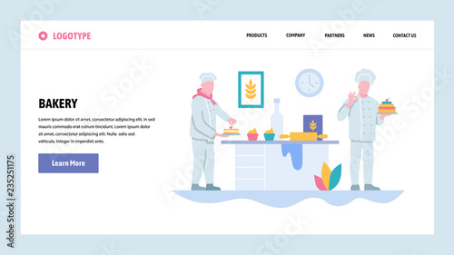 Vector web site gradient design template. Bakery shop and chef cooking cake. Landing page concepts for website and mobile development. Modern flat illustration.