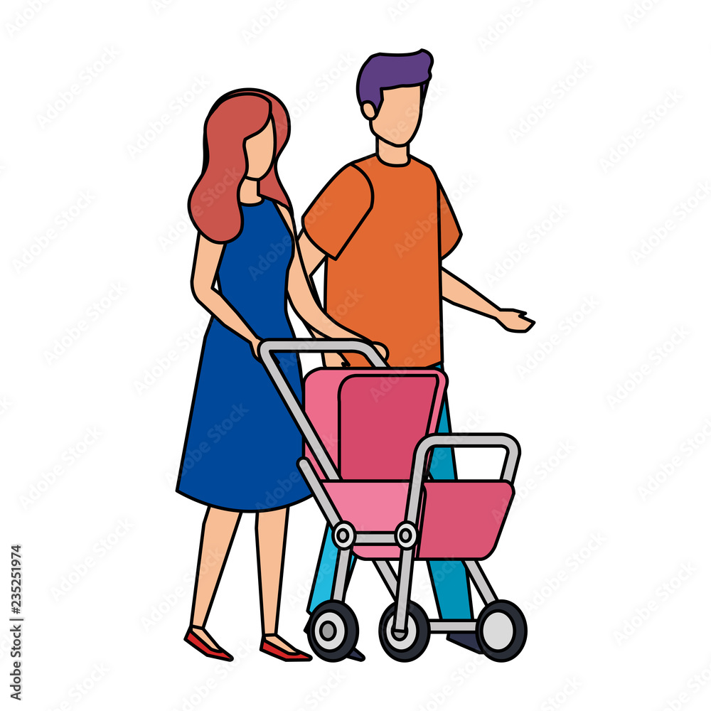 parents couple with cart baby characters parents couple with cart baby characters