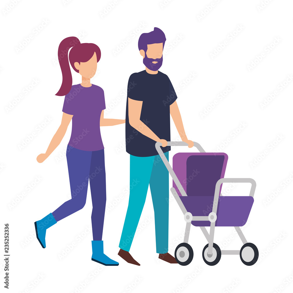 parents couple with cart baby characters parents couple with cart baby characters