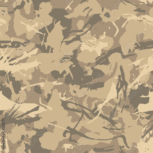 Brown beige camouflage seamless grunge pattern. Modern military camo texture, fashionable fabric. Desert masking color. Stock vector illustration.