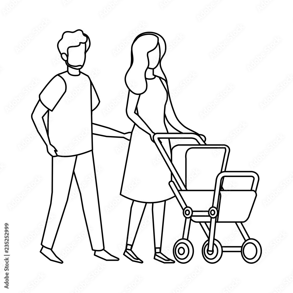 parents couple with cart baby characters parents couple with cart baby characters