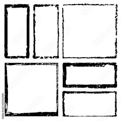 Collection of rectangular ink grunge frames, borders set. Squared hand drawn box for text with torn, damaged edges. Vector