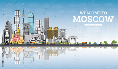 Canvas Print Welcome to Moscow Russia Skyline with Gray Buildings, Blue Sky and Reflections