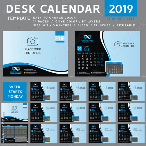 Desk calendar Template for 2019 Year. Design Template. Week starts on Monday. Vector Illustration. purple