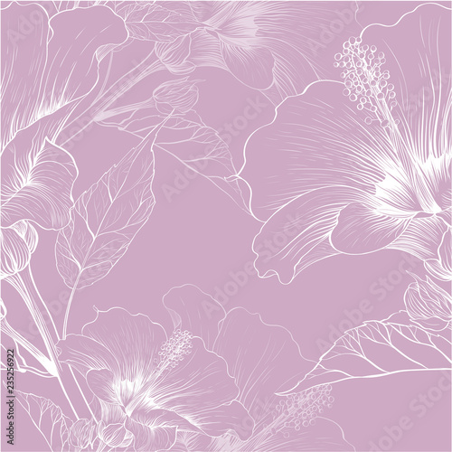 Vector. Hibiscus - flowers and buds. Seamless background pattern. Perfume and cosmetic plants. Wallpaper. Decorative composition. Use printed materials, signs, posters, postcards, packaging.
