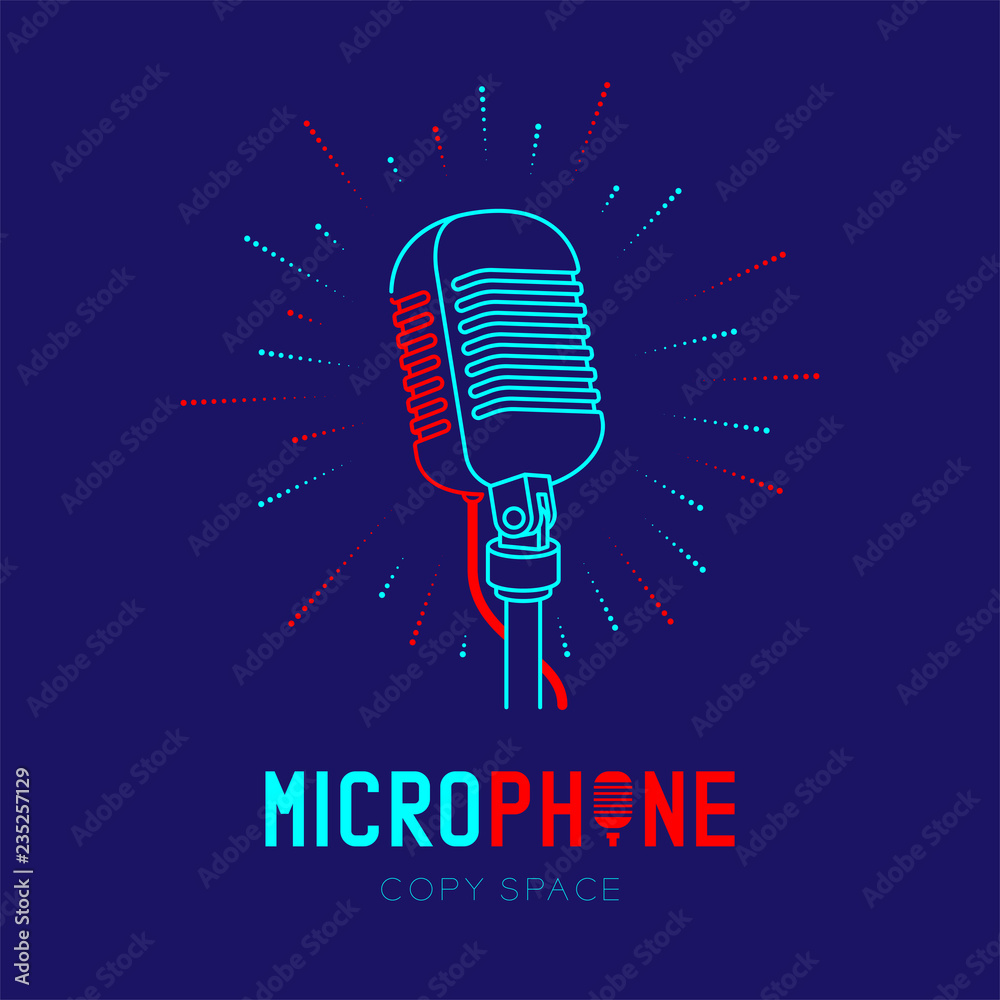 Retro Microphone logo icon outline stroke with radius frame dash line design illustration isolated on dark blue background with Microphone text and copy space, vector eps 10