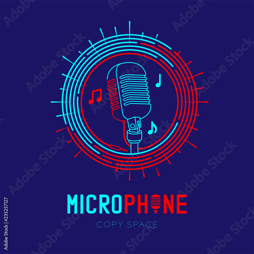 Retro Microphone logo icon outline stroke with music note in staff circle frame dash line design illustration isolated on dark blue background with Microphone text and copy space, vector eps 10