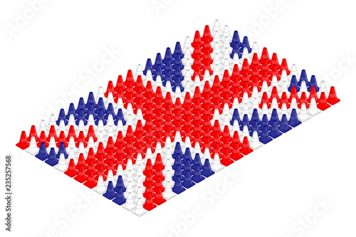 Isometric equipment traffic cone in row, United Kingdom national flag shape concept design illustration isolated on white background, Editable stroke
