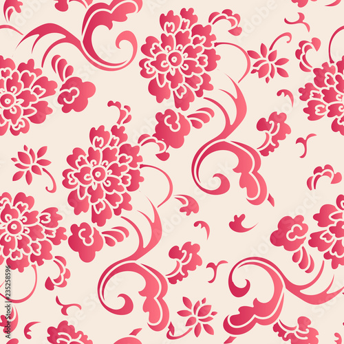 Elegant seamless Chinese style botanic garden peony flower leaf pattern background