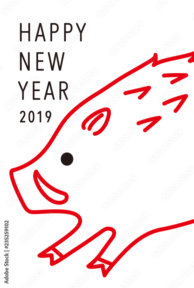 年賀状テンプレート ハガキ 19年亥年 猪 線画 シンプル 赤 Stock Vector Adobe Stock