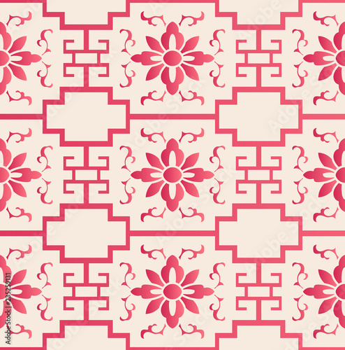 Elegant seamless Chinese style botanic garden flower geometry cross lattice pattern background